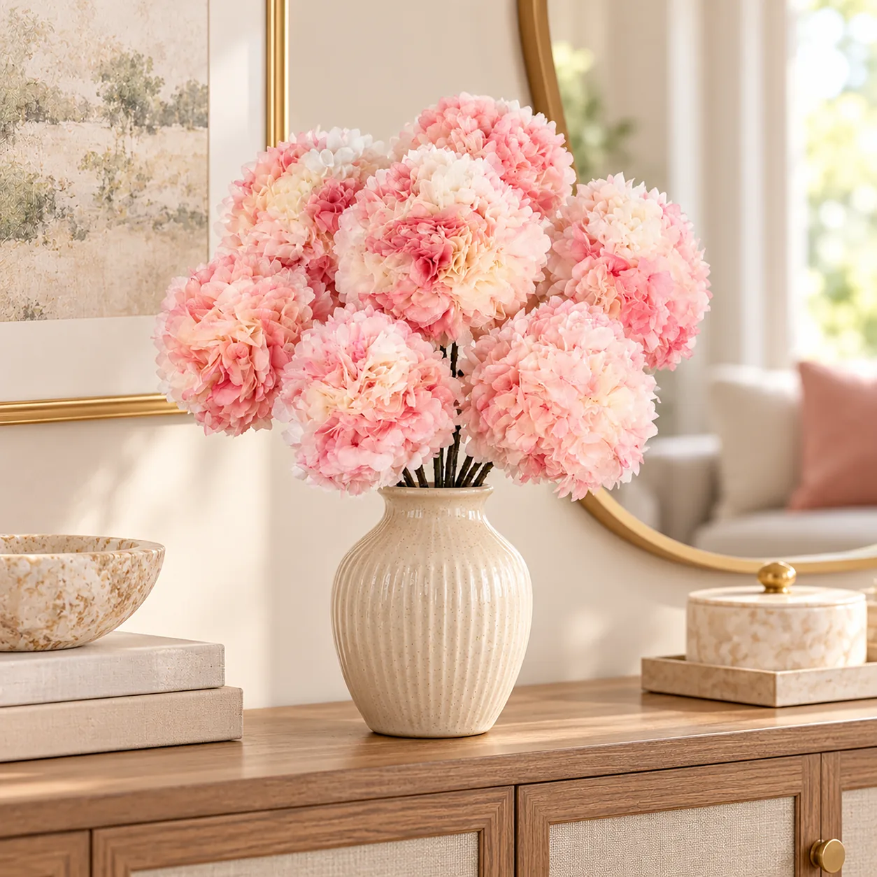 Peach Blush Hydrangea Stems on a dining table