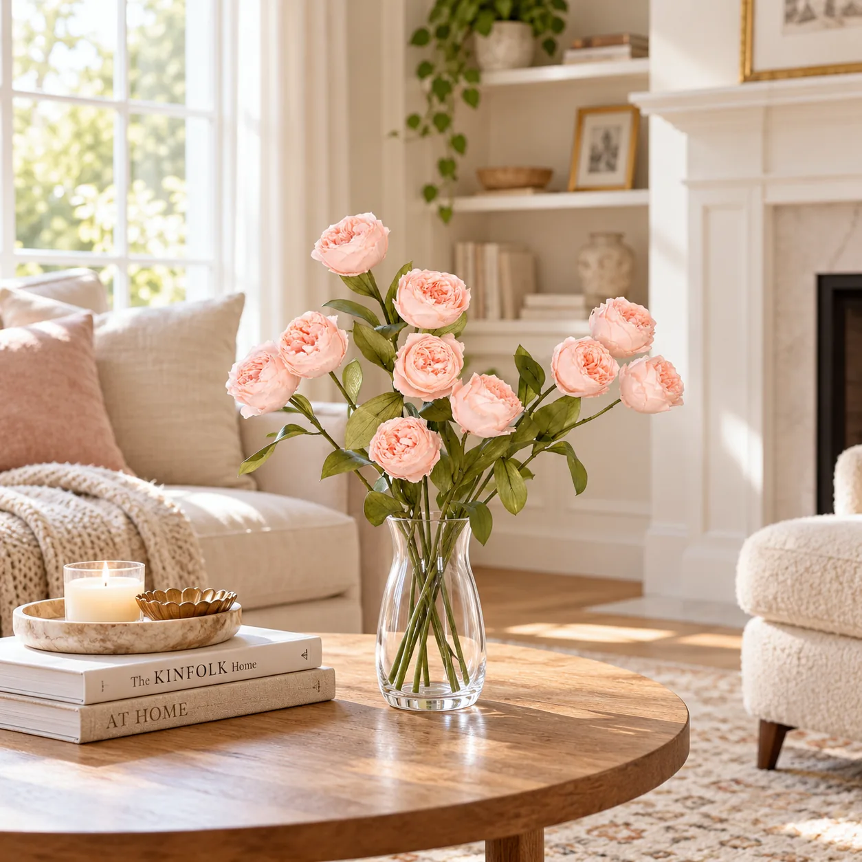 Peach Garden Rose Stems on a dining table