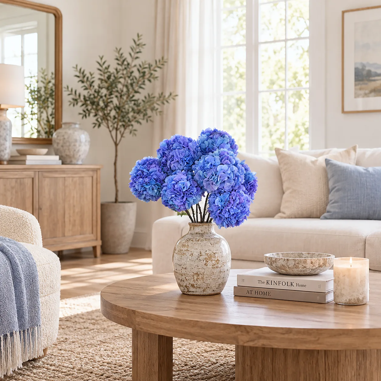 Periwinkle Hydrangea Stems on a dining table