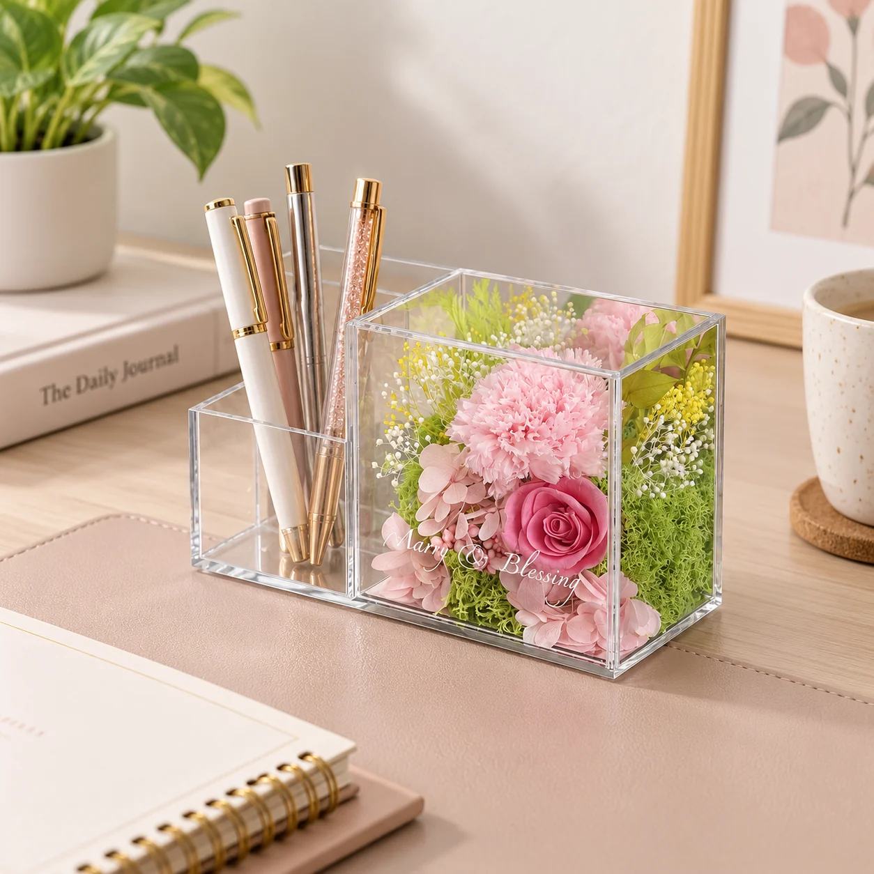 Pink Carnation Pen Holder Flower Box on a desk