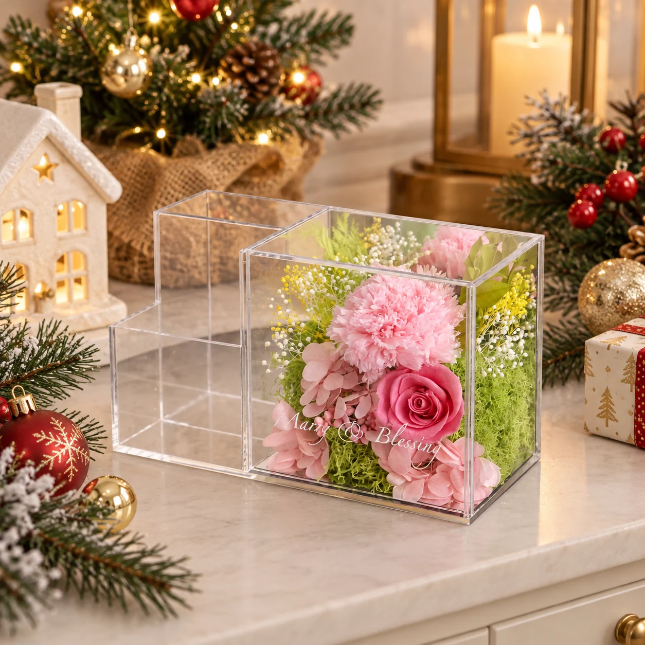 Pink Carnation Pen Holder Flower Box on a desk