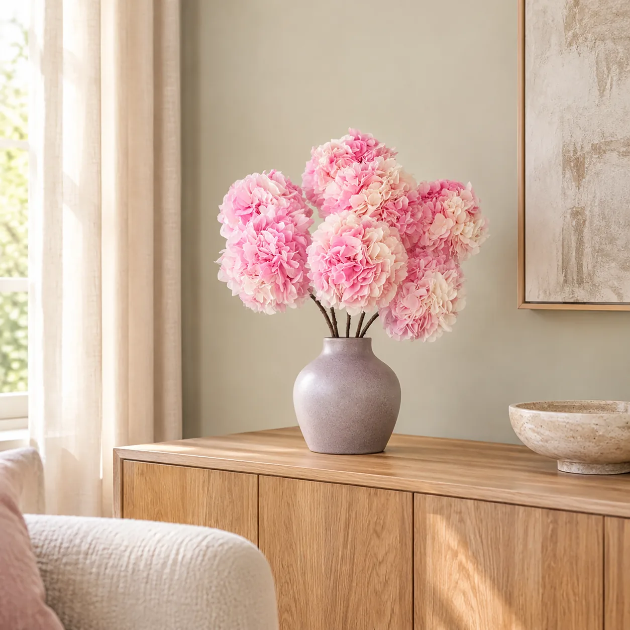 Pink Cloud Hydrangea Stems on a dining table