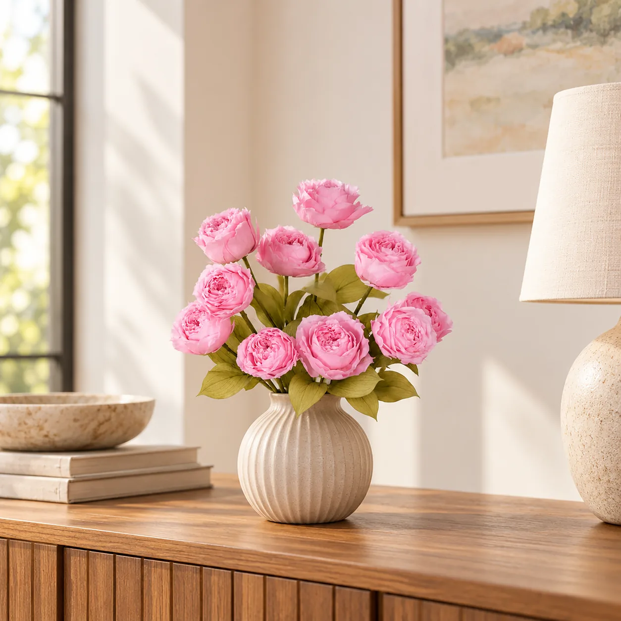Pink Garden Rose Stems on a dining table