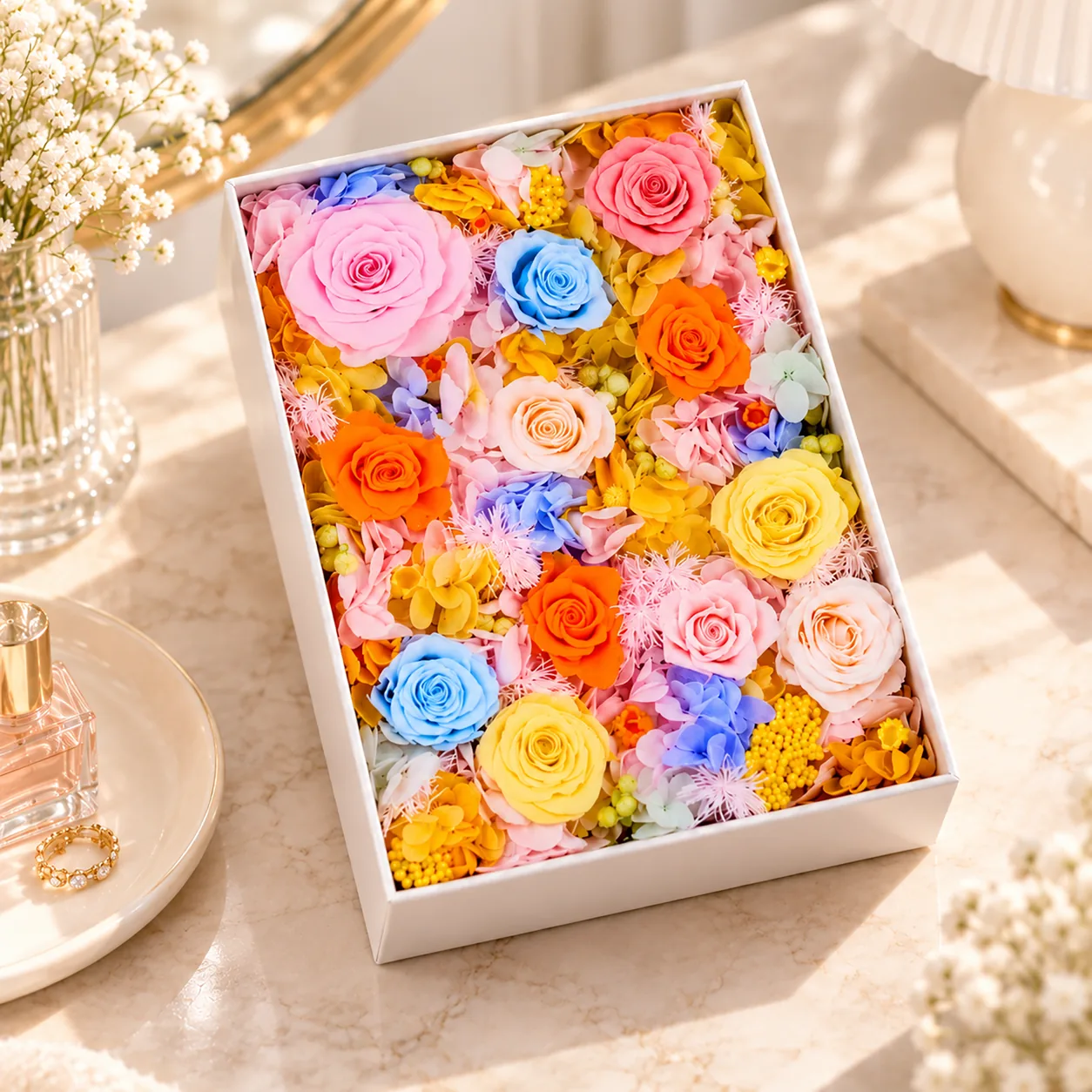 Rainbow Sherbet Flower Box on a desk