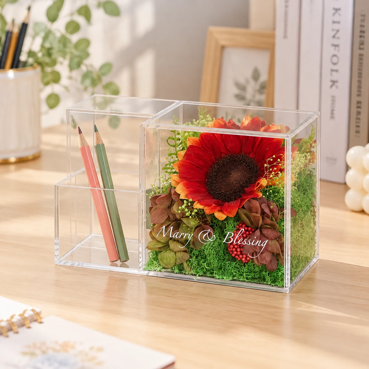 Red Sunflower Pen Holder Flower Box on a desk