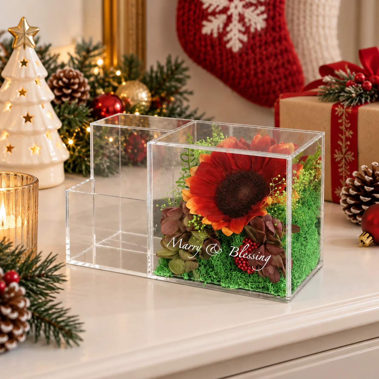 Red Sunflower Pen Holder Flower Box on a desk
