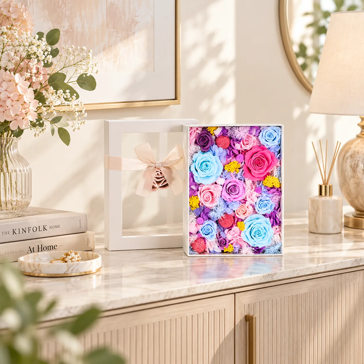 Sky Pastel Flower Box on a desk