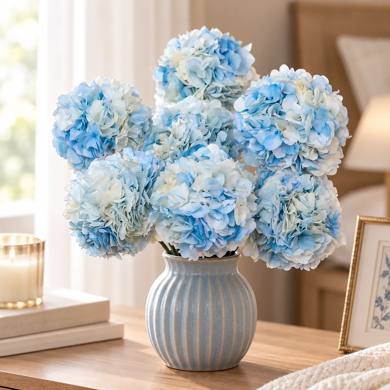 Sky Blue Hydrangea Stems on a dining table