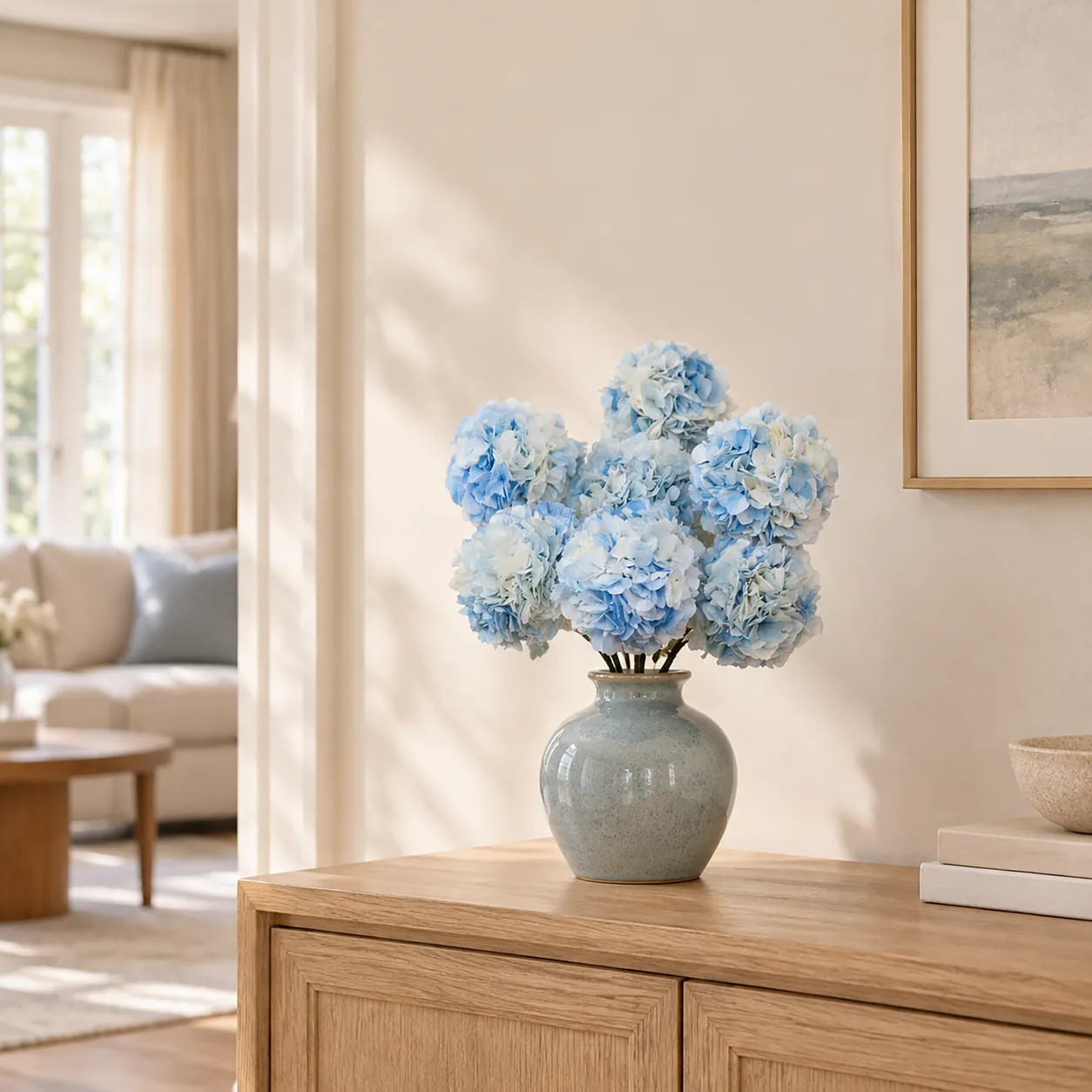 Sky Blue Hydrangea Stems on a dining table