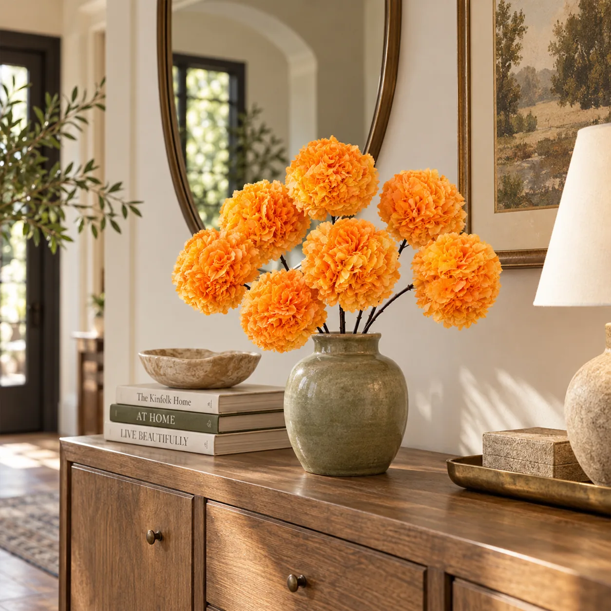 Sunset Orange Hydrangea Stems on a dining table
