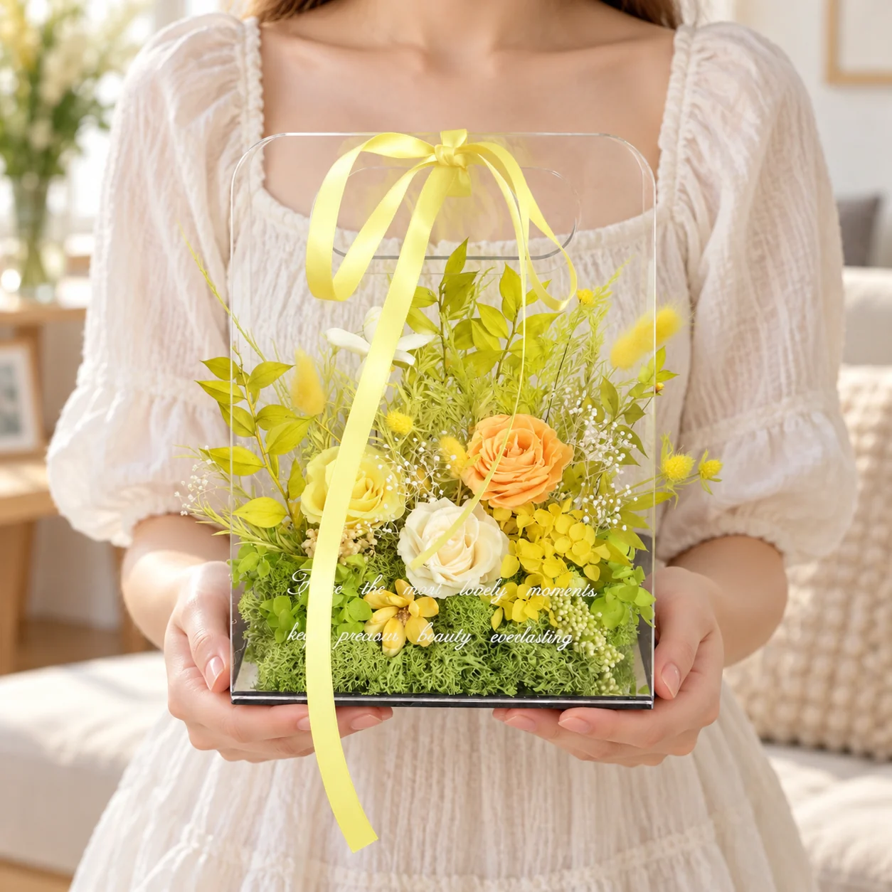 Sunshine Acrylic Tote Flower Box on a desk