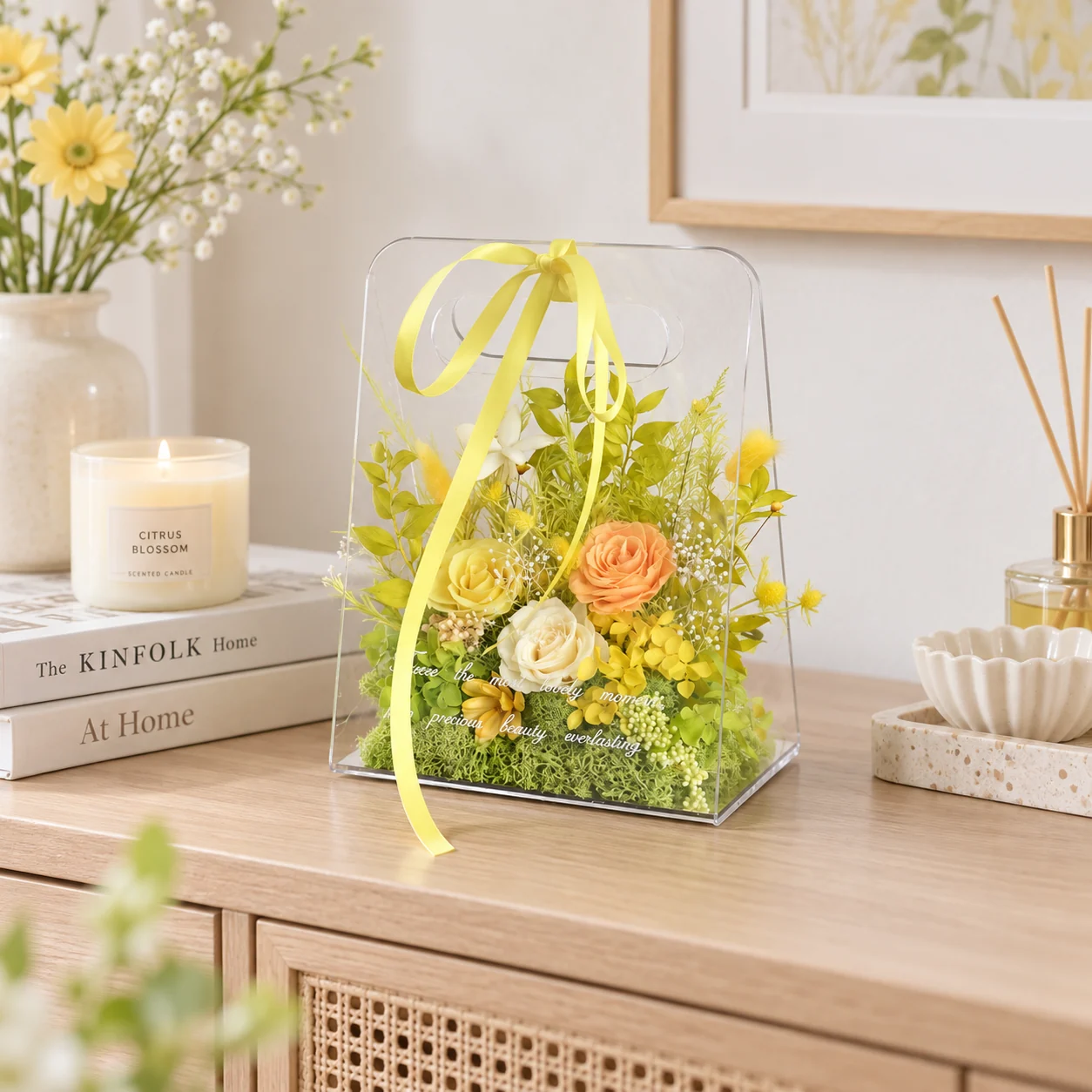 Sunshine Acrylic Tote Flower Box on a desk