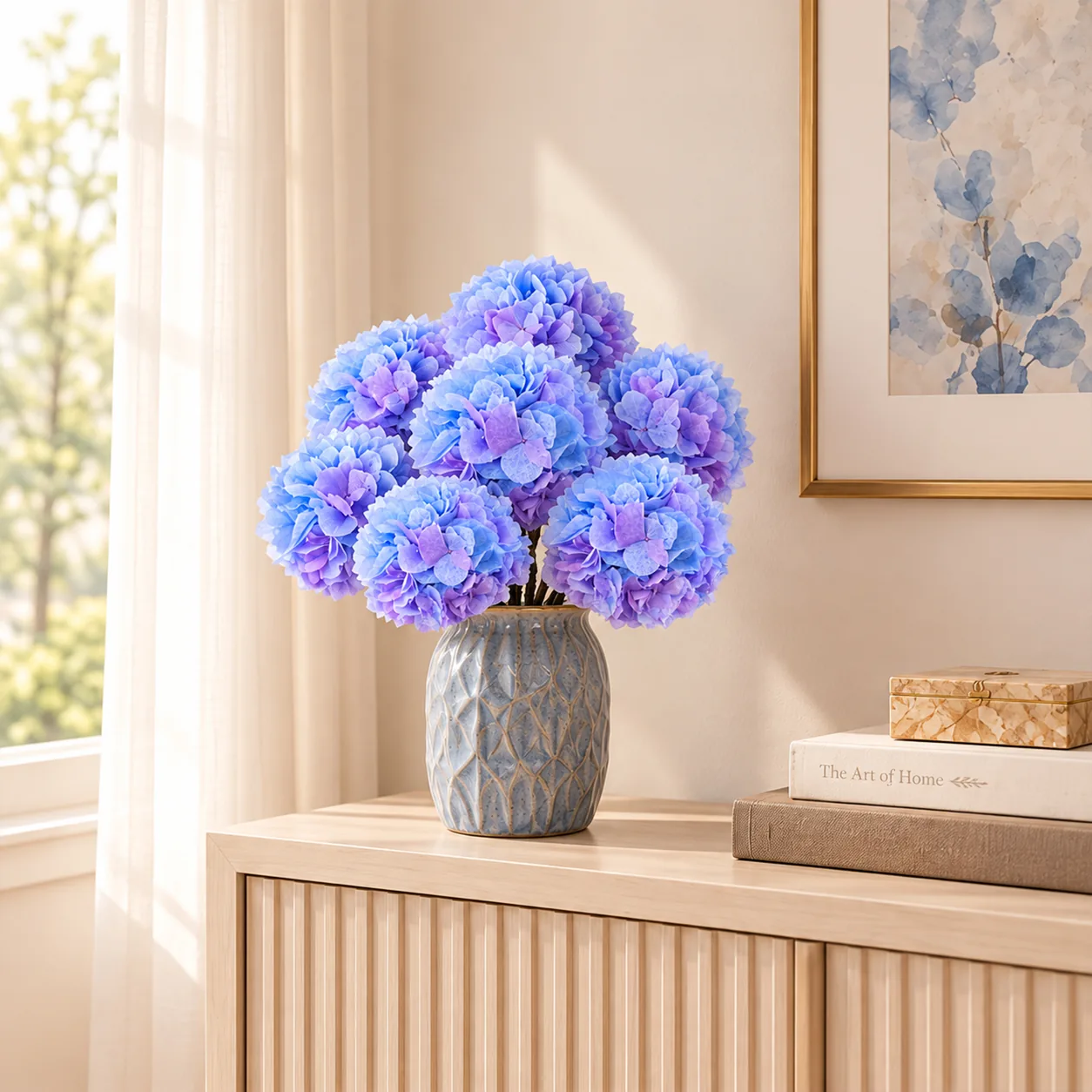 Twilight Blue Hydrangea Stems on a dining table