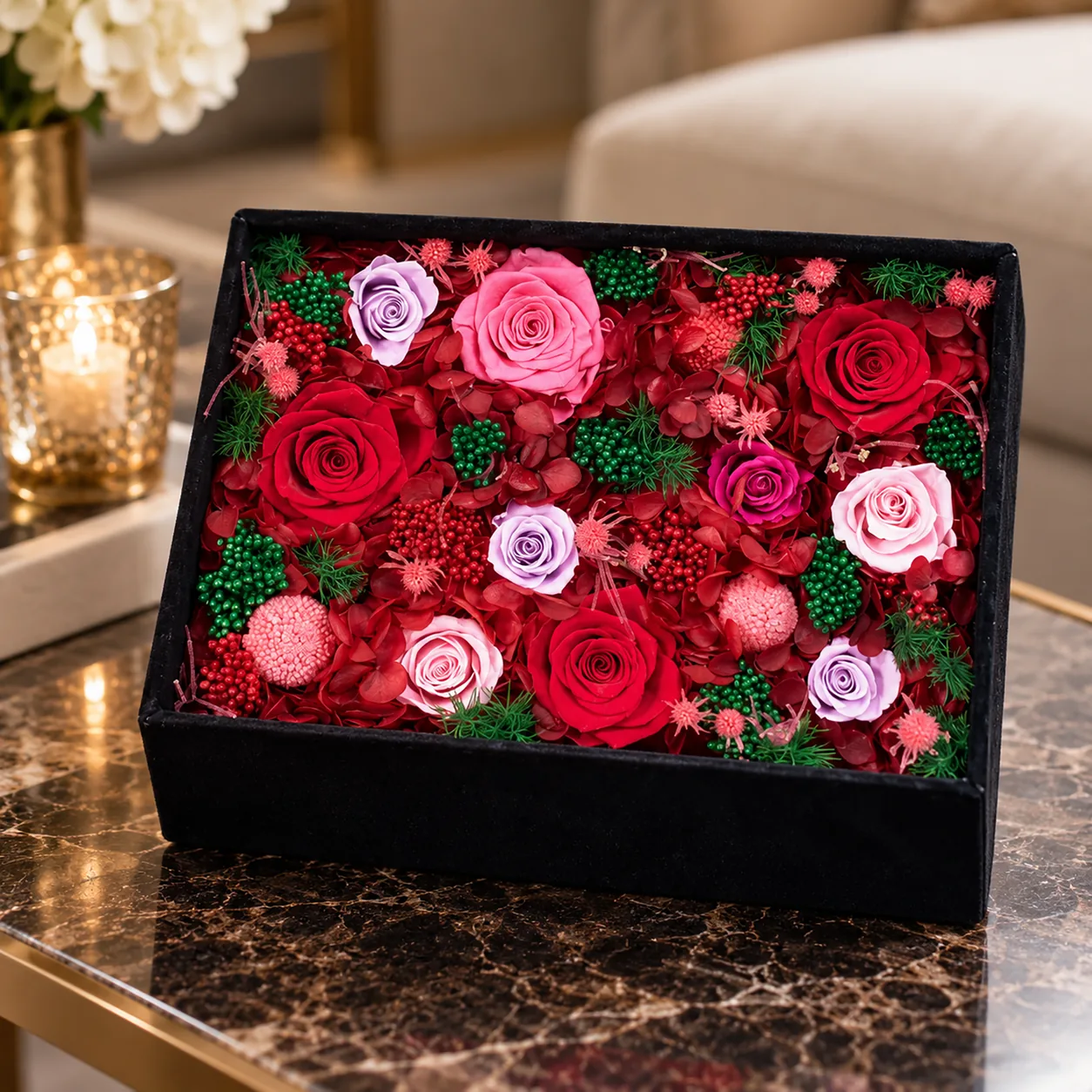 Velvet Crimson Flower Box on a desk