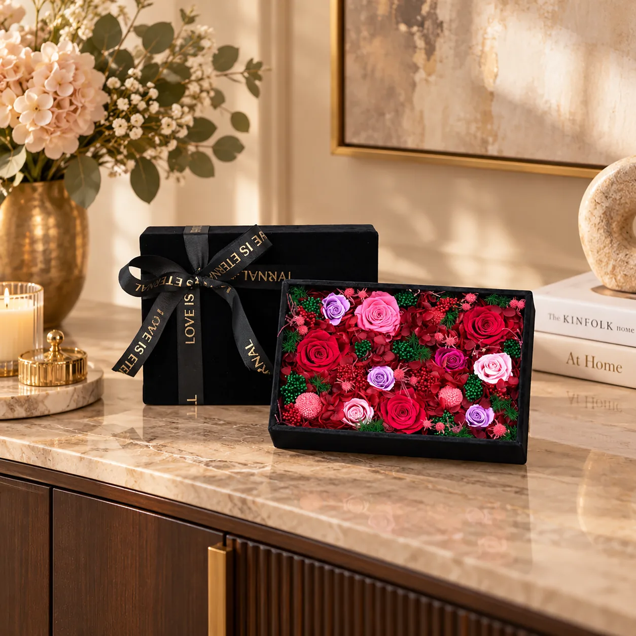 Velvet Crimson Flower Box on a desk
