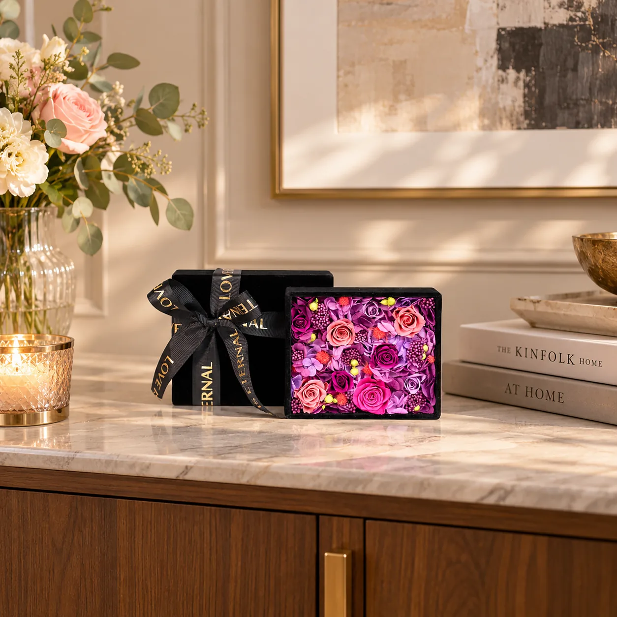 Velvet Kiss Flower Box on a desk