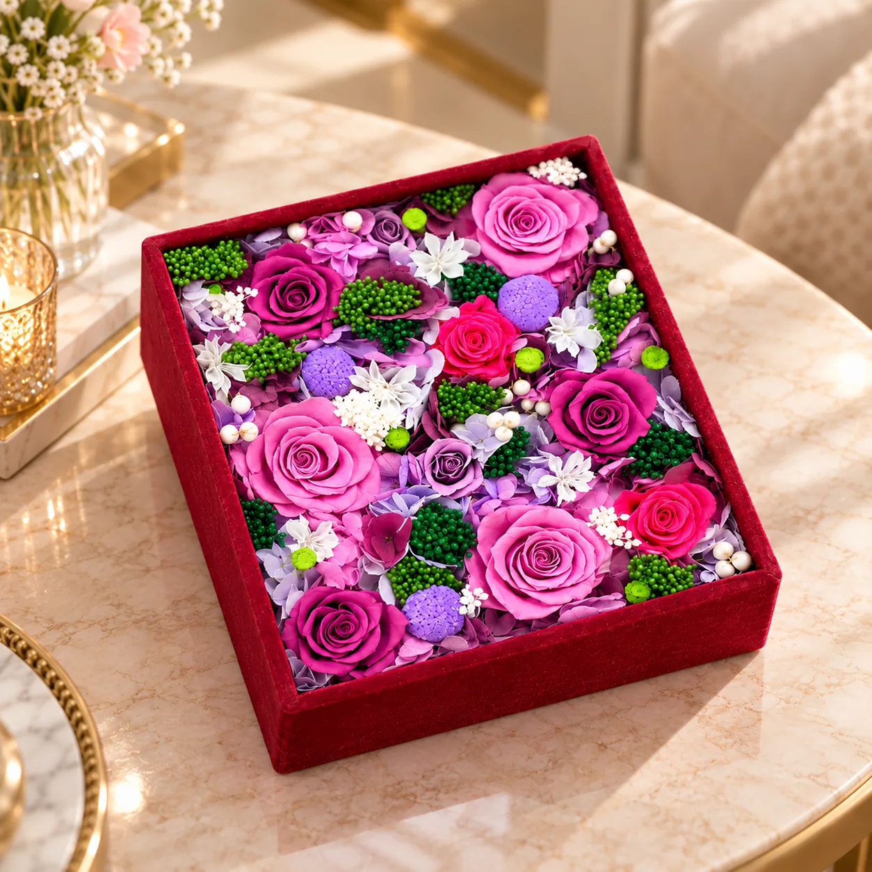 Velvet Orchid Flower Box on a desk