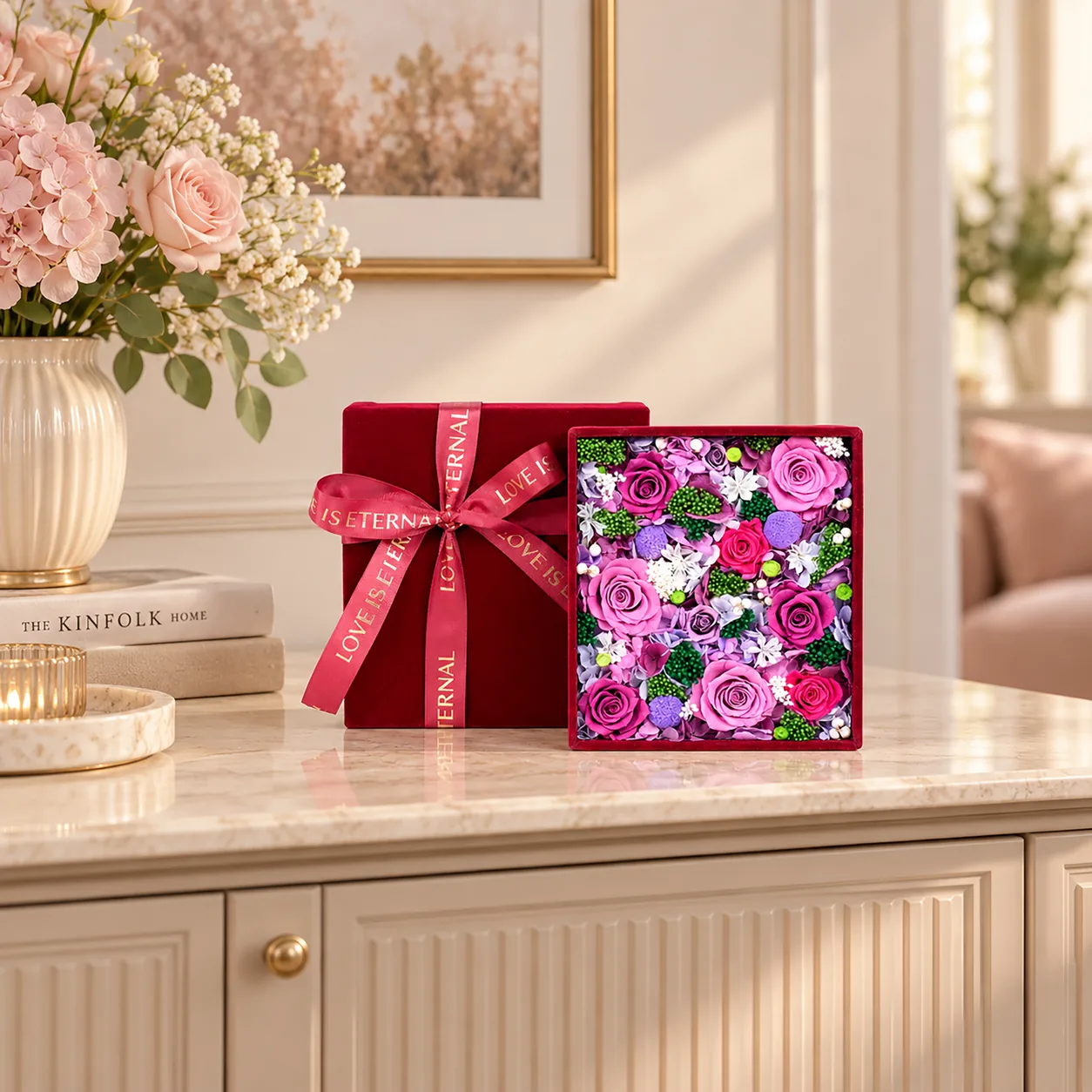 Velvet Orchid Flower Box on a desk