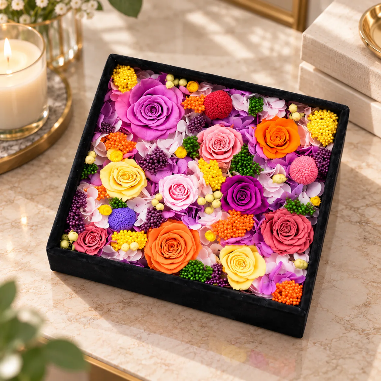 Velvet Rainbow Flower Box on a desk