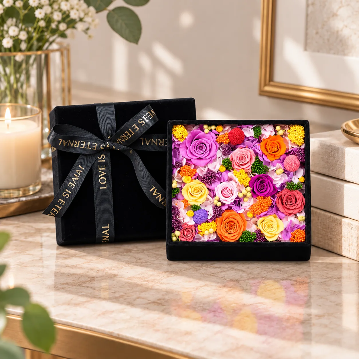 Velvet Rainbow Flower Box on a desk
