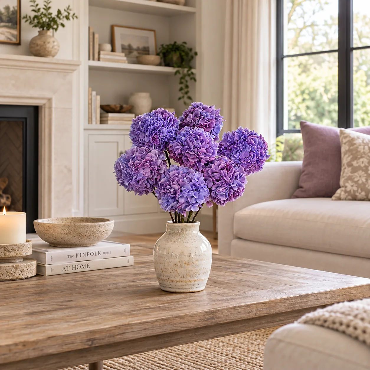 Violet Hydrangea Stems on a dining table