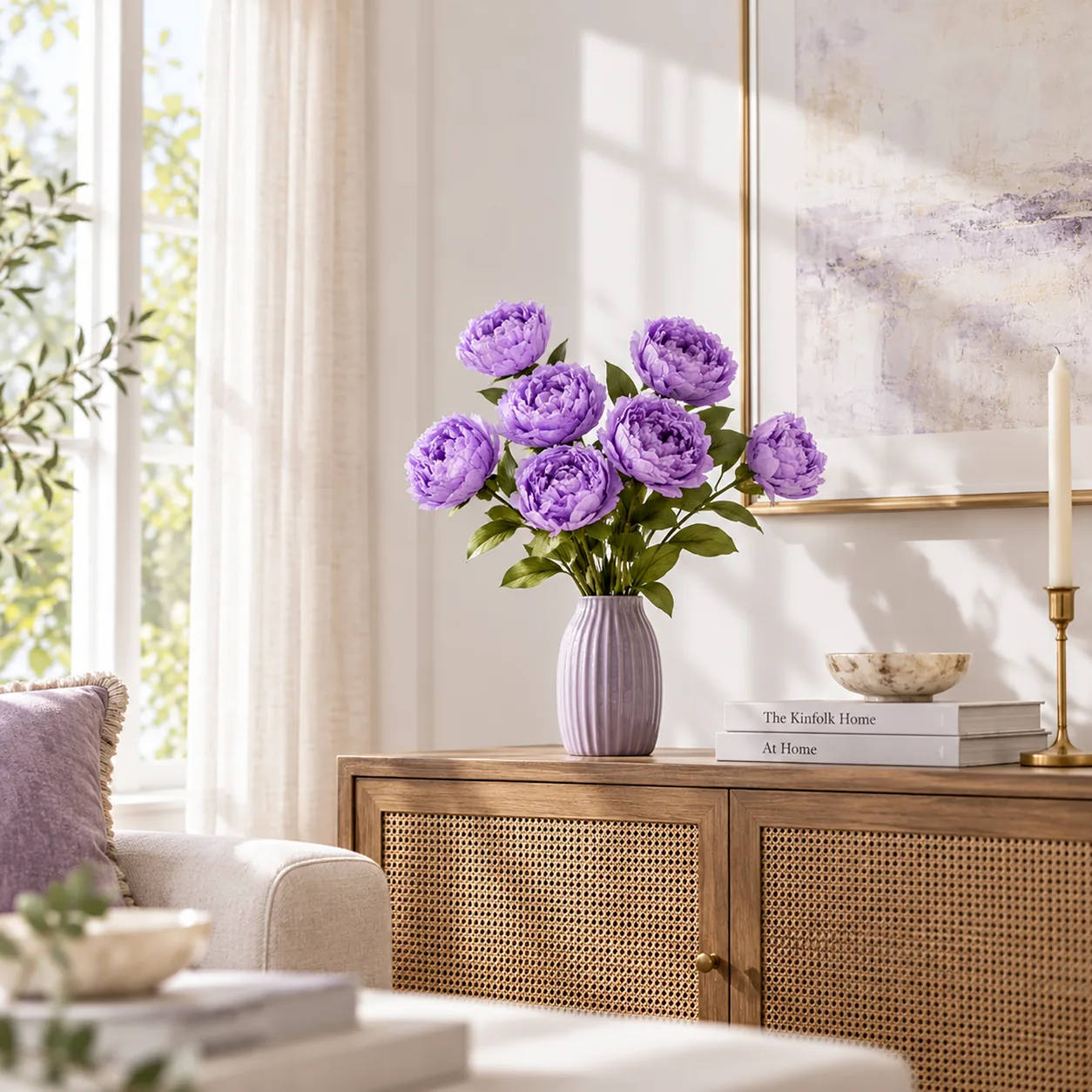 Violet Peony Stems on a dining table