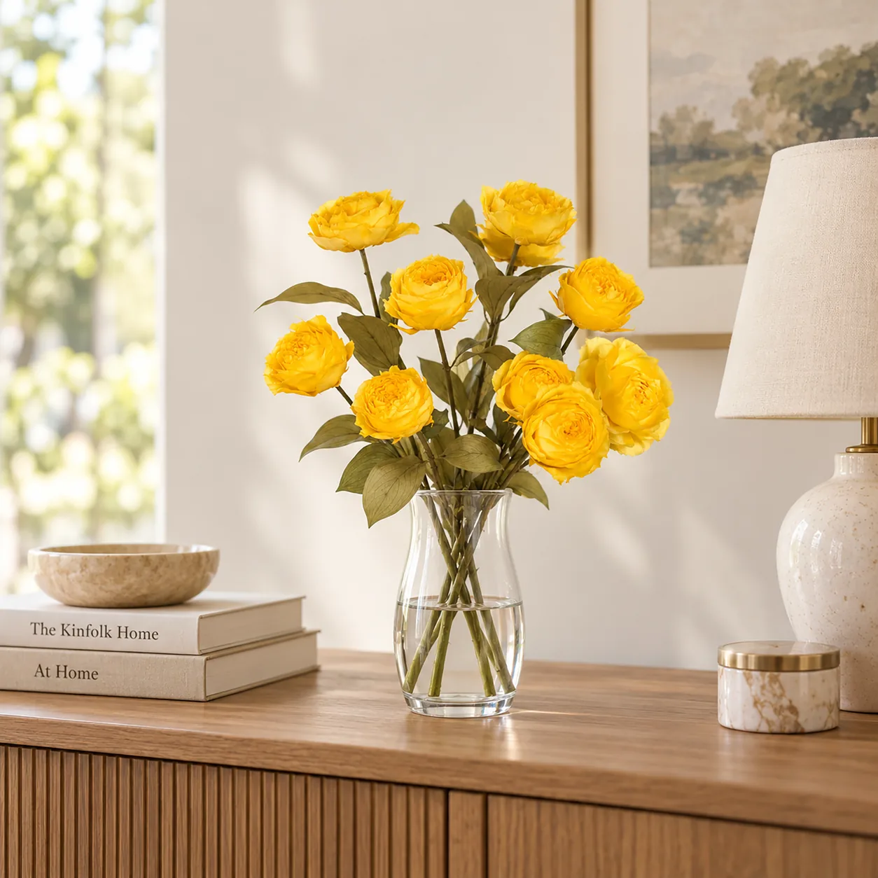 Yellow Garden Rose Stems on a dining table