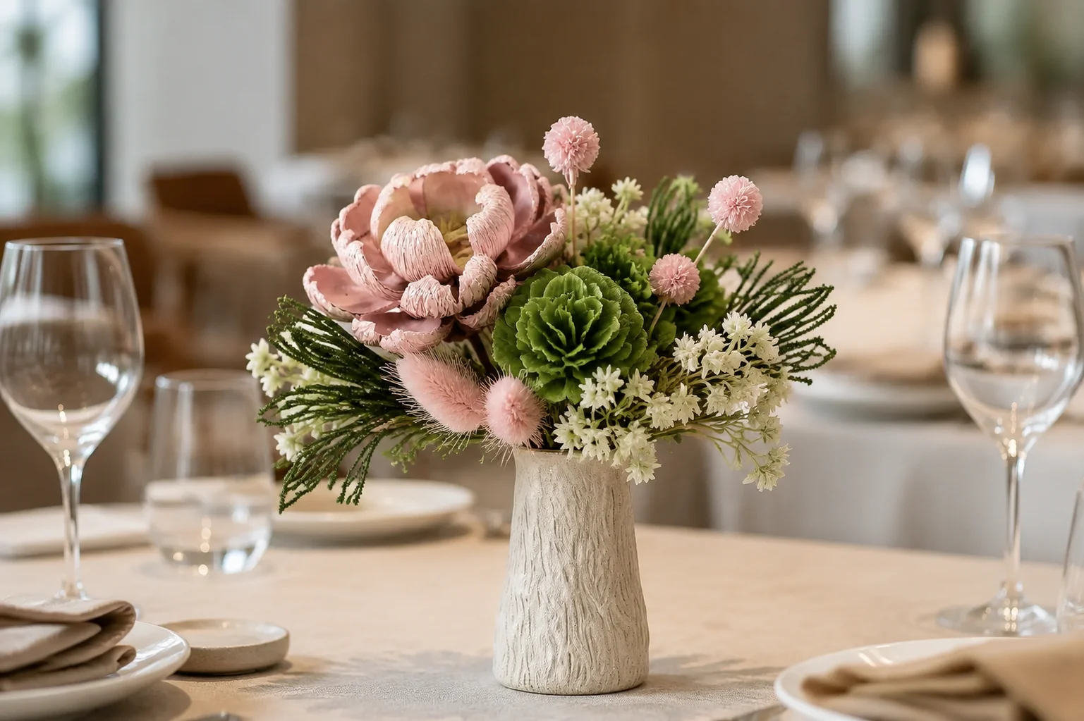 Bud-scale pieces on tables