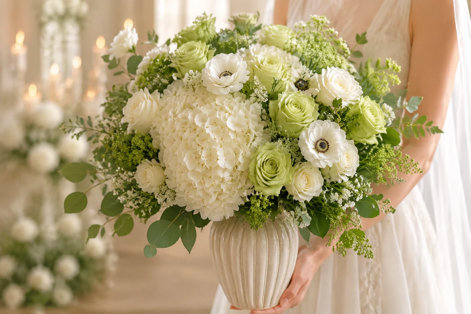 The day — bouquet in hand, ceremony