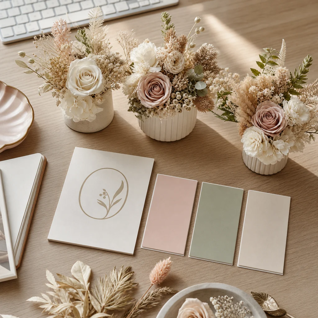 Mood plan — logo swatches mapped to floral palette, 3 pieces