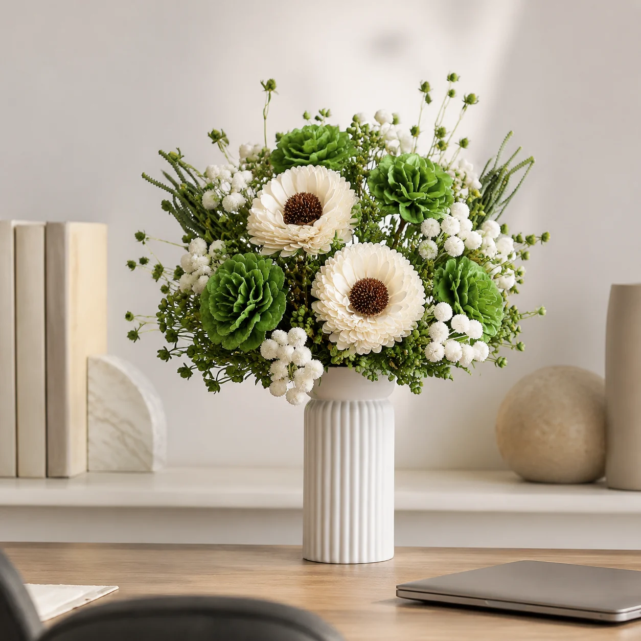 Home-office shelf behind a desk — call background